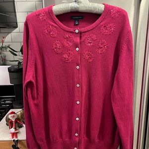Lands' End Women's Fuchsia Embroidered Cardigan, Size‎ Large